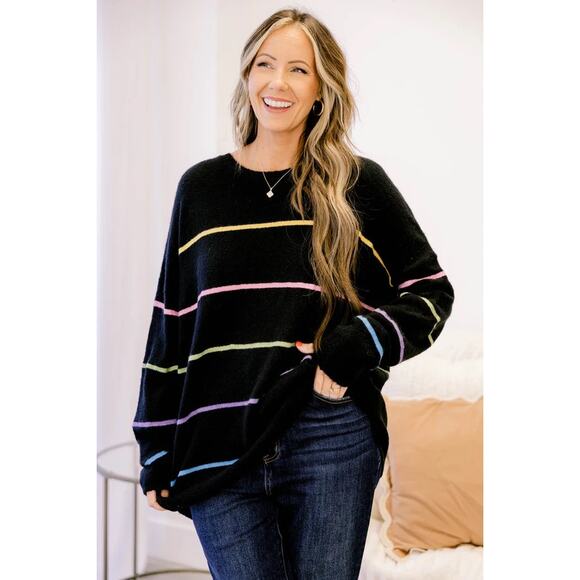 entro Tops - NWT Entro Black Multicolor Sequin Stripe Long Sleeve Sweatshirt Womens Large
